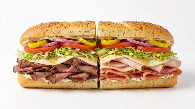 Two halves of a delicious sub sandwich with roast beef, ham, cheese, lettuce, tomato, onion, and peppers on herb bread isolated on white background