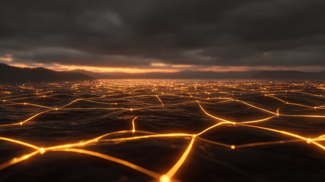 Glowing digital network spreads across dark ocean waves under a stormy twilight sky
