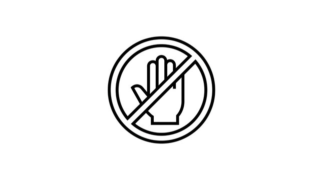 Forbidden Prohibited Hand Touch Warning Icon. Linear Graphic Logotype Element. User Instruction Manual Safety Symbol. Crossed Palm Gesture Pictogram. Circular Restriction Sign Outline.