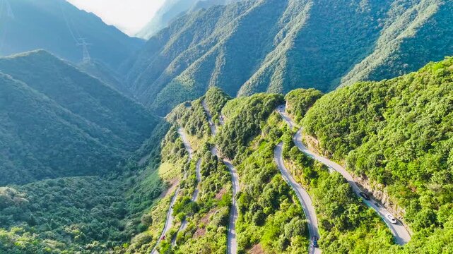 Aerial View of Winding Mountain Road Through Lush Green Valley