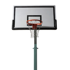 Naklejka premium Basketball Hoop: A professional basketball hoop with a sturdy backboard and orange rim stands ready for action, symbolizing sport and athletic pursuit.
