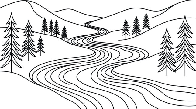 Winding river through rolling hills landscape line art drawing coloring page vector illustration with pine trees