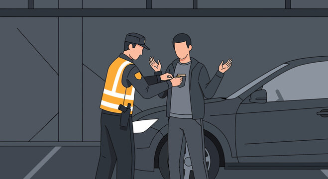Police Officer Handcuffing Suspect Near Car in Parking Garage