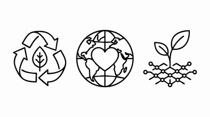 Fototapeta premium Eco-Friendly Icons: A set of three minimalist line art icons representing recycling, global love, and plant growth on a molecular structure, symbolizing sustainability and environmental consciousness.