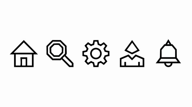 Icon Set: A clean set of five minimalist outline icons, including a house, magnifying glass, gear, user silhouette, and bell, representing common interface functions.
