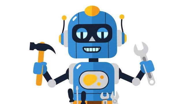 Slow tracking shot of blue repair robot holding hammer and wrench in white studio. gradual zoom reveals tool belt and smiling face, playful instructional maintenance concept.