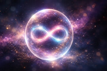 Obraz premium Glowing infinity symbol inside cosmic sphere with sparkling galaxy light and futuristic universe