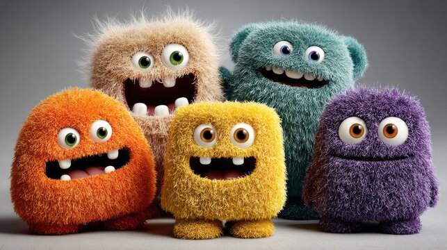 Group of colorful fuzzy monster toys.