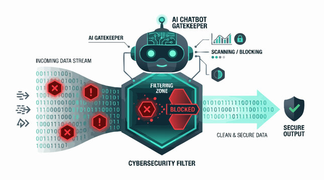 AI Cybersecurity Filter: An advanced AI cybersecurity filter concept, visualized as a friendly robot gatekeeper, processes an incoming data stream.