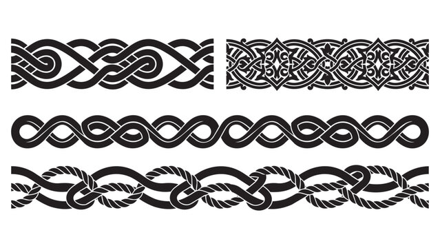 Intricate celtic knots and decorative rope border collection with ornamental nautical intertwined maritime decorative knotwork monochrome abstract illustration background interlocking