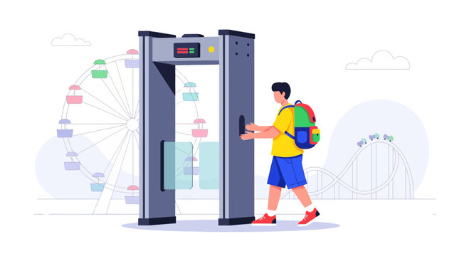 Person walking through metal detector at amusement park entrance