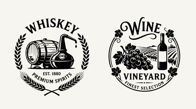 Elegant Vintage Whiskey and Wine Distillery Logo Design Template with Sophisticated Typography for Alcohol Branding, Premium Spirit Label, Craft Beverage Identity, and Vineyard Emblem Graphics