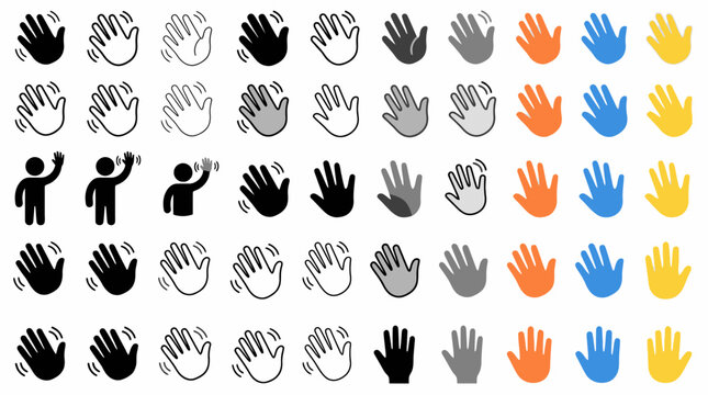 Comprehensive Vector Illustration Set of Minimalist Waving Hand Icons Featuring Diverse Hello Gestures and Welcome Palm Symbols for Digital Interface Design and User Greeting Graphics.