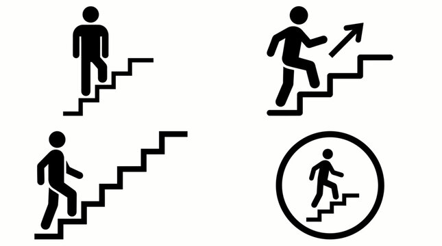 Comprehensive collection of minimalist human figure icons depicting a person climbing ascending and walking up a modern staircase symbol set for wayfinding and directional signage design