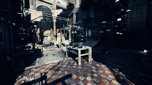 Twilight moroccan medina carpet leading toward lantern glow and cool shadows, empty alleyway lined with ornate stonework, cinematic mood evoking solitude