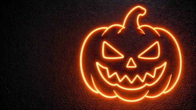 Glowing neon Halloween pumpkin face on dark background with spooky festive seasonal atmosphere