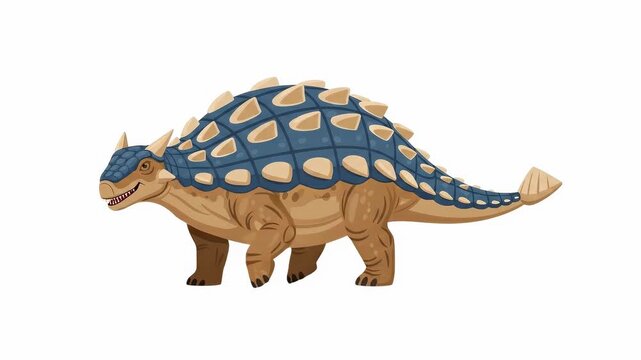 Slow motion tracking shot of ankylosaurus walking and turning across white studio background. side profile view emphasizes armored scales, club tail and steady gait for educational display.