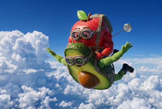 Perfect tandem avocado and apple, cartoon fruits skydiving together, healthy combination, balance, vitamins, nutrition, fun, wellness, harmony, friendship, adventure, cartoon, teamwork.