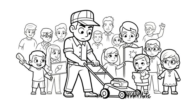 Cartoon man mowing lawn with cheerful crowd watching.