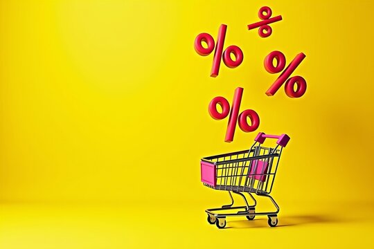 Photo of Sale Percentages Falling into a Shopping Cart on a Bright Yellow Background, Conveying Discounts and Promotions