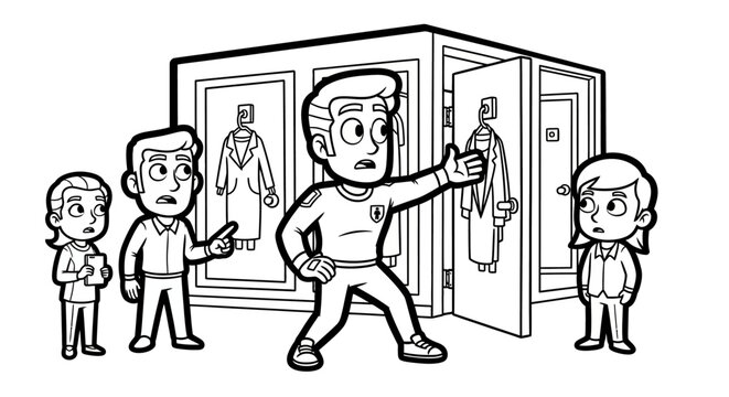 Cartoon man proudly showing his closet collection to friends.