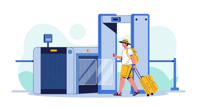 Man with suitcase passing through airport security scanner at departure gate