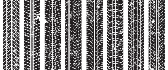 Grunge tire track textures with different tread patterns. Distressed vehicle traces for racing and automotive backgrounds © Muis