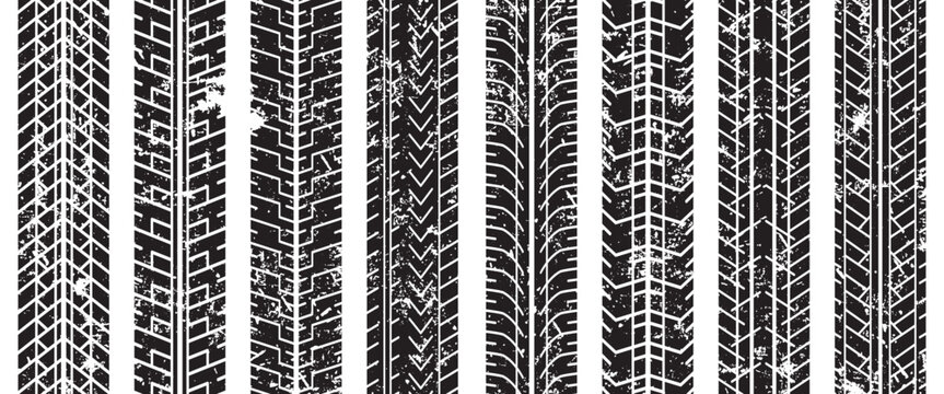 Grunge tire track textures with different tread patterns. Distressed vehicle traces for racing and automotive backgrounds