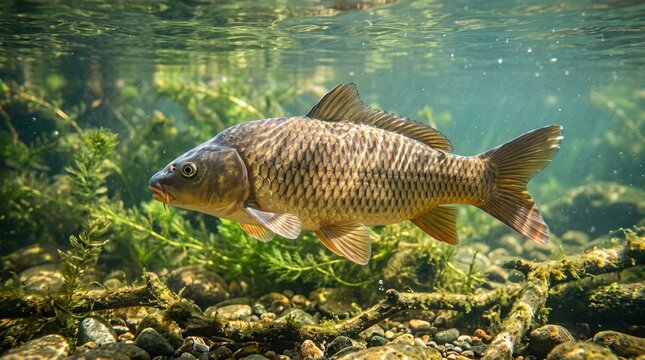 Common carp gracefully swimming in clear freshwater river habitat amidst aquatic vegetation and submerged rocks, showcasing natural aquatic life and wildlife beauty
