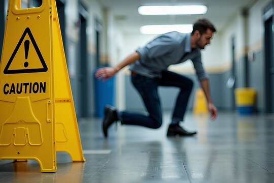 Dangers of Ignoring Safety Precautions: Man Slipping on Wet Floor Next to Caution Sign