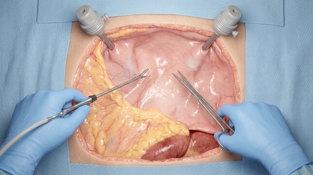 Surgeon's gloved hands performing laparoscopic procedure, overhead view