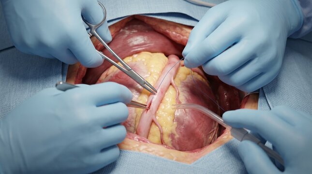 Surgical hands performing coronary artery bypass graft suture, close-up