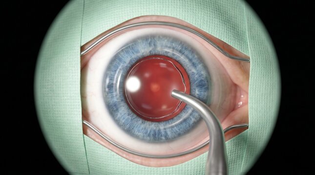 Ophthalmology operating room during cataract surgery, microscope view