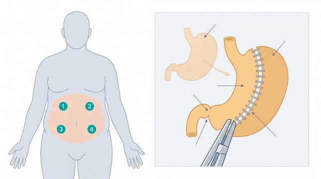 Bariatric sleeve gastrectomy surgical procedure diagram, flat vector