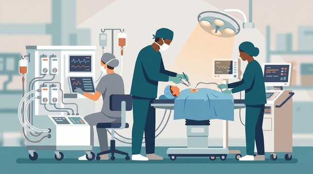 Paediatric cardiac surgery scene with bypass machine, flat vector