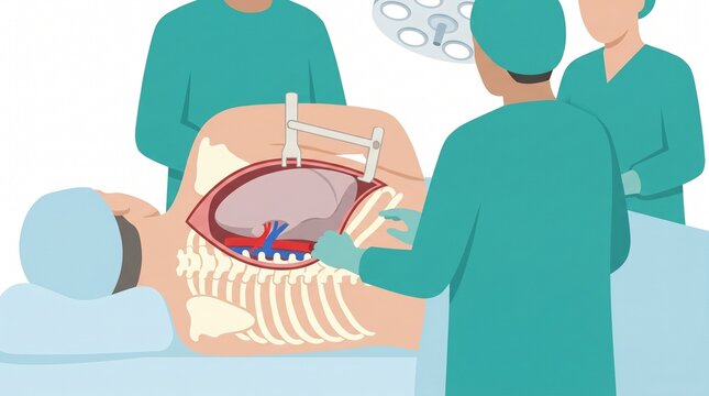 Open posterolateral thoracotomy chest surgery, flat vector illustration