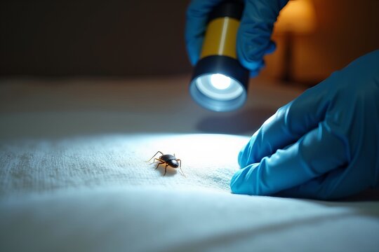 Exterminator in Gloves Using Flashlight to Inspect Mattress for Bed Bugs