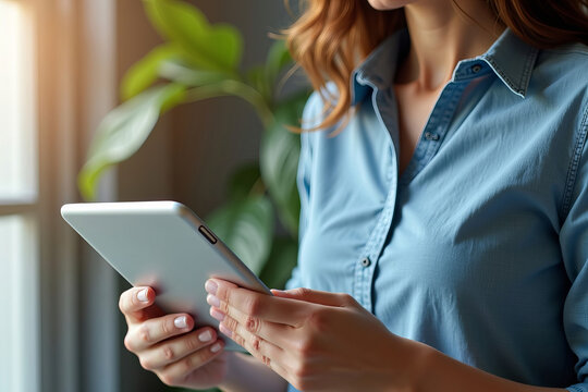 A woman managing digital invoices and account statements on a tablet in close-up shot.