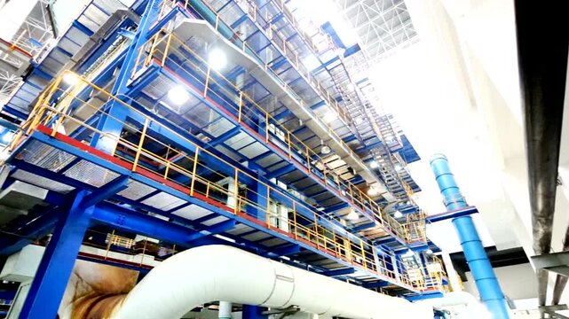 Large industrial plant interior with metal platforms and pipes