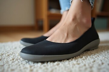 Naklejka premium Close-Up Image of a Smiling Woman in Black Orthopedic Shoes with Arch Support, Emphasizing the Custom Insole and Comfortable Design.
