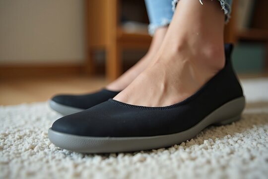Close-Up Image of a Smiling Woman in Black Orthopedic Shoes with Arch Support, Emphasizing the Custom Insole and Comfortable Design.