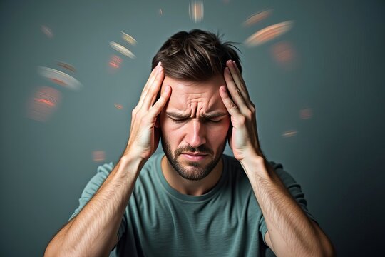 Man struggling with vertigo and imbalance, surrounded by spinning and blurred background, holding his head in discomfort.