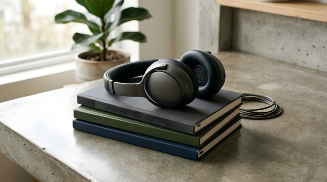 A pair of black headphones sitting on top of a stack of books on a concrete table next to a potted plant