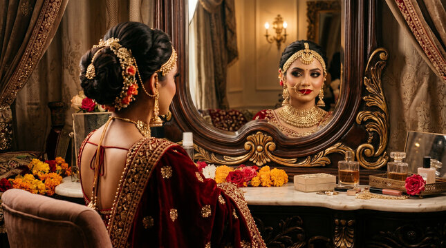 Elegant Indian Bride in Red Lehenga Looking at Mirror Reflection