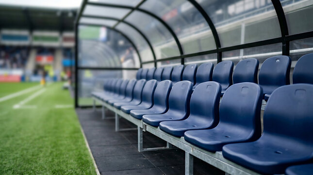 Empty blue substitute seats in a professional soccer stadium dugout, under a protective shelter next to a vibrant green pitch, awaiting players and coaches