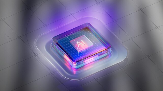 Futuristic 3D render of a glowing microchip capturing artificial intelligence hardware innovation and central processing unit power for technology web design.