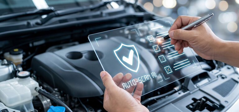 Innovative vehicle security protection system, digital diagnostic interface display, advanced automotive maintenance tech, car insurance safety concept, smart transport inspection software, futuristic
