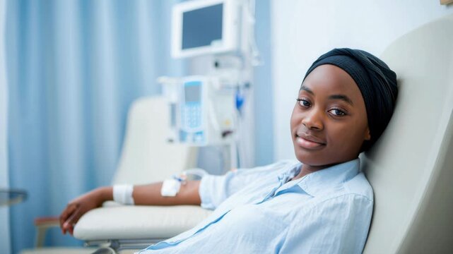Black woman during oncology infusion therapy in hospital clinic, patient resting in medical chair with intravenous treatment, cancer care session, chemotherapy procedure, recovery support environment