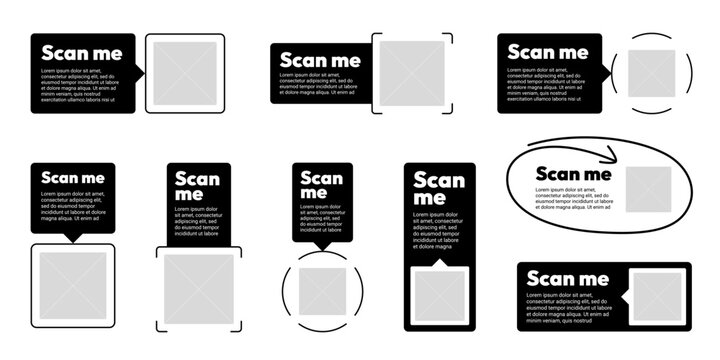 Creative QR code sticker frame set. Smartphone digital payment barcode square border template vector illustration. Mobile app screen scanner badge pictogram retail shop sale offer graphic.