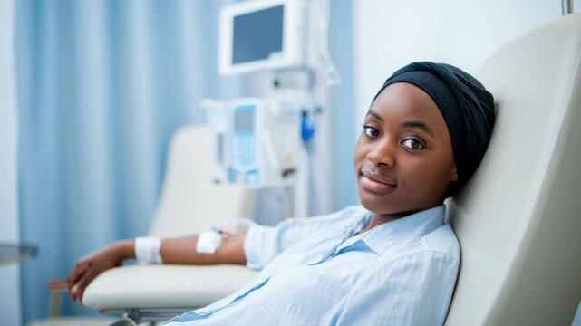 young female patient resting in hospital infusion chair, chemotherapy session with iv line in arm, oncology treatment recovery remission support, healthcare clinic interior, calm hopeful mood
